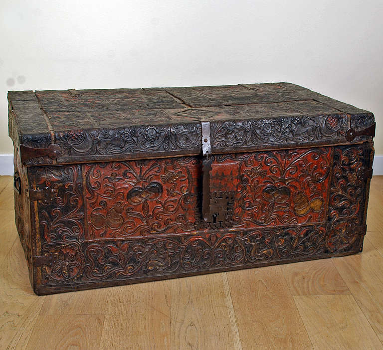 Wood A Superb 17th Century Spanish Colonial Embossed Leather Baul