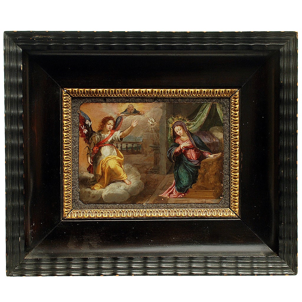 Annunciation of Mary, 17th Century Italian Oil on Copper Painting For Sale