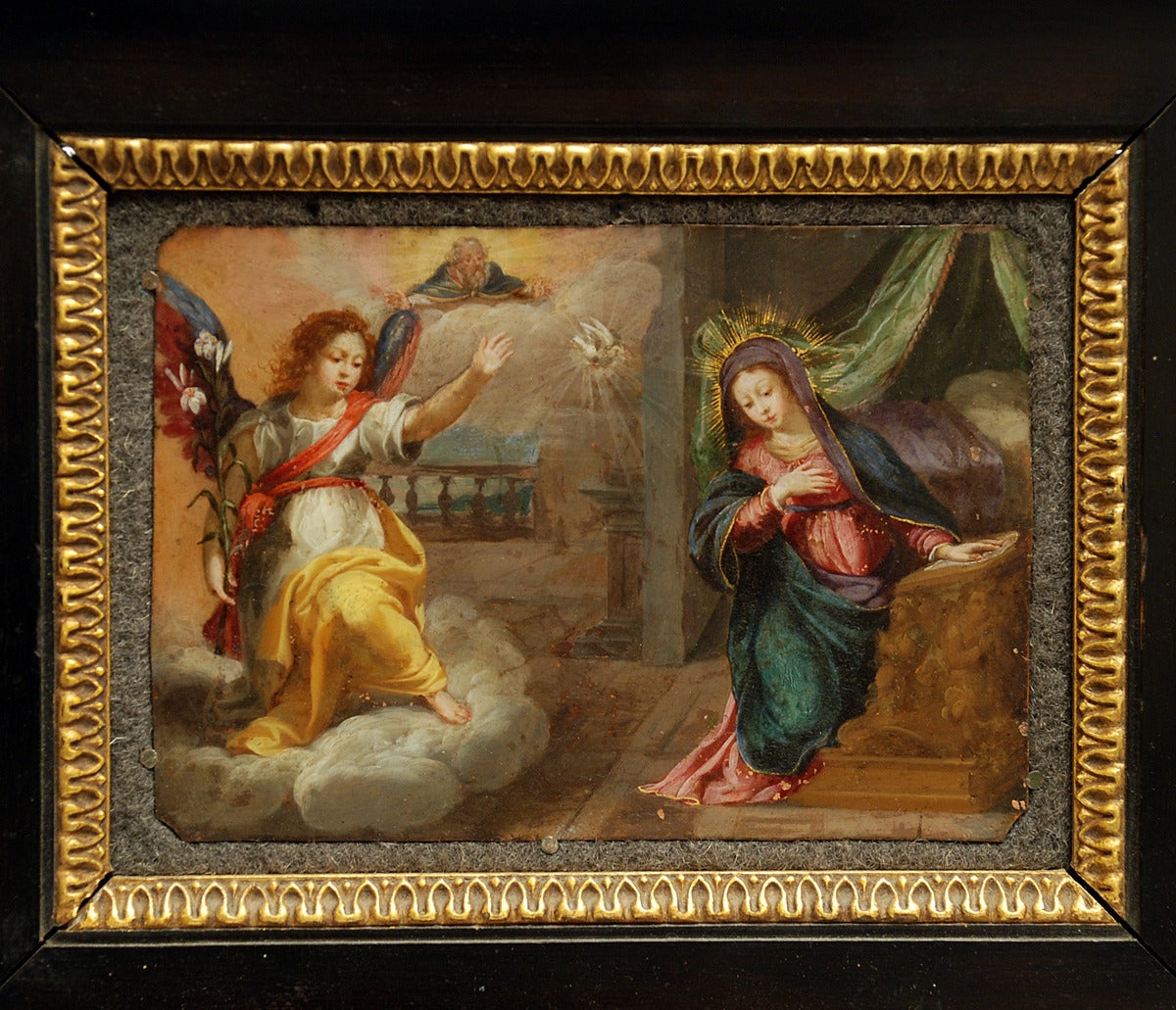 Renaissance Annunciation of Mary, 17th Century Italian Oil on Copper Painting For Sale