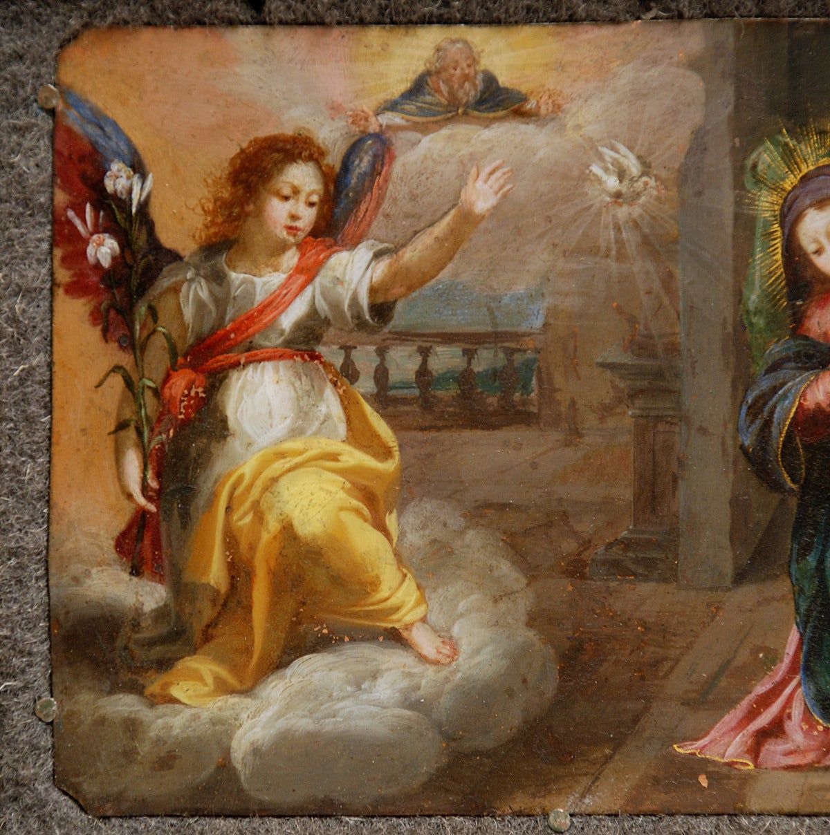 Annunciation of Mary, 17th Century Italian Oil on Copper Painting In Excellent Condition For Sale In San Francisco, CA