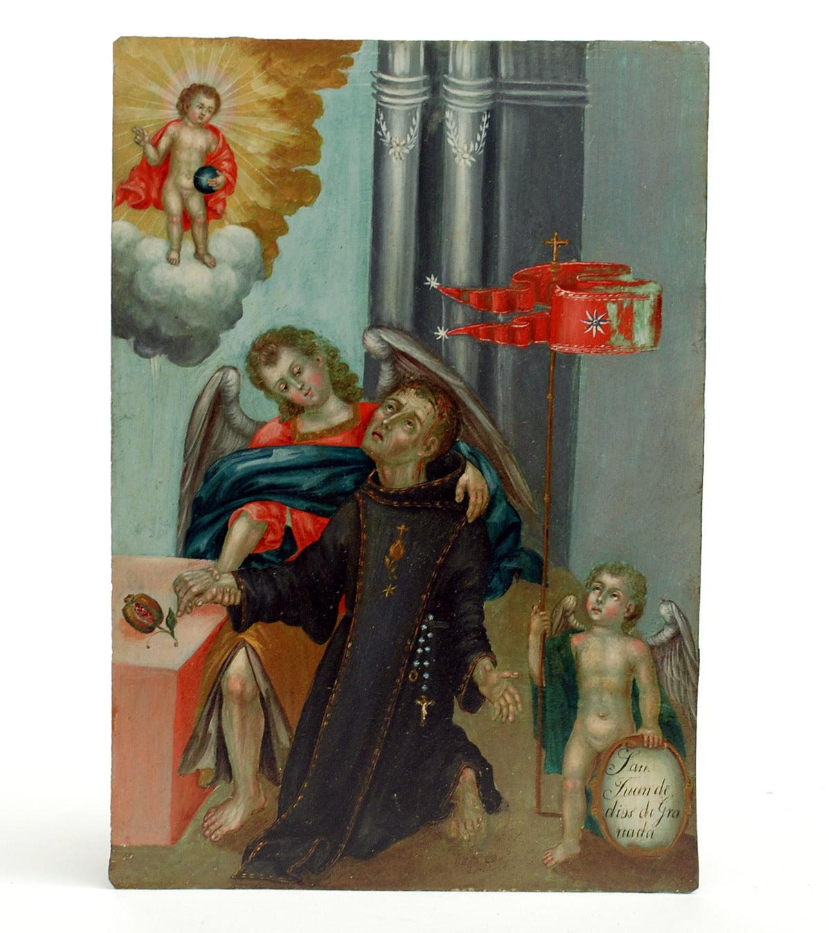 Saint John of God, patron saint of hospitals, alcoholics, the sick, firefighters and booksellers, is depicted in this finely rendered 19th century retablo with two angels and the Santo Nino above. The angel in lower right carries a banner bearing