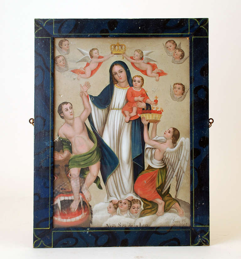 This extremely fine retablo painting by Geronimo de Leon, one of Mexico's most important listed retablo painters, represents La Madre Santisma de la Luz 

** See reference book 'Geronimo de Leon - Pintor de Milagros' for additional works by