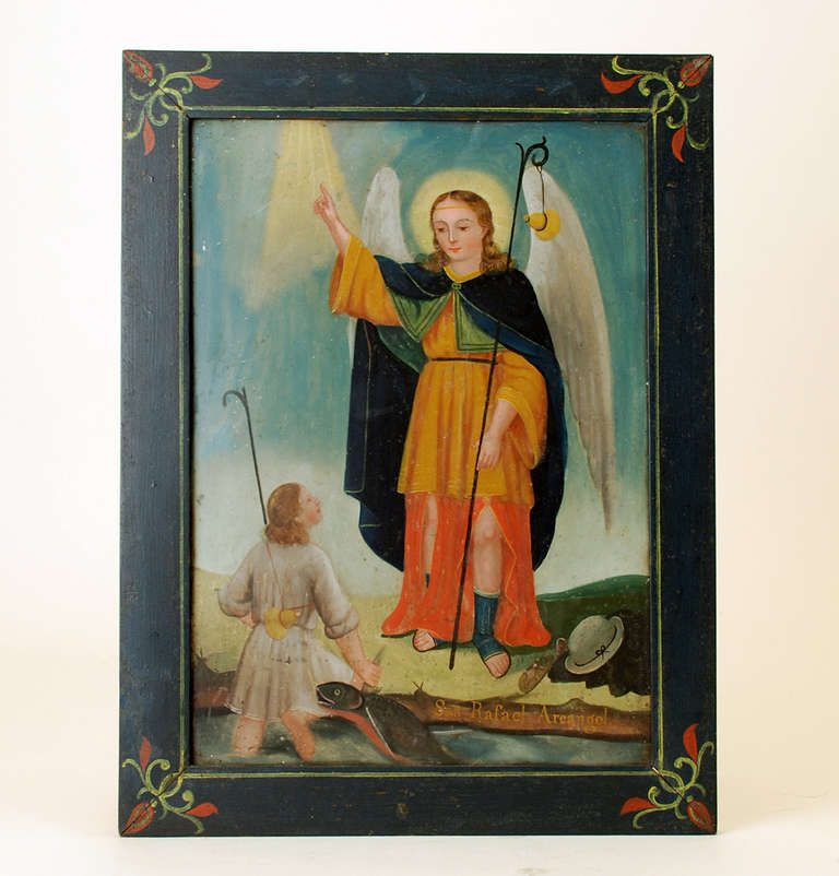 This extremely fine and rare 19th century retablo painting by Geronimo de Leon, one of Mexico's most important retablo painters, represents San Rafael Archangel.  

** See reference book 'Geronimo de Leon - Pintor de Milagros' for additional works