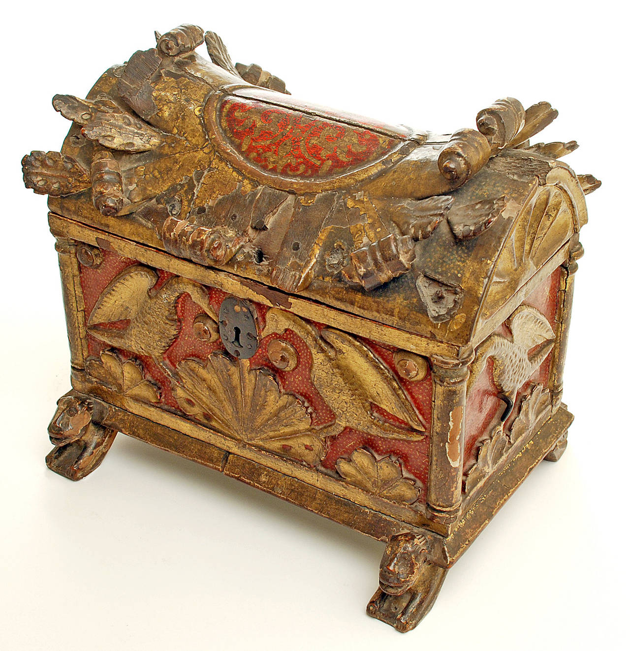 We are proud to be the custodian of this exceedingly Fine, rare and important 16th century Spanish Colonial period coffret, completely hand-carved in the Mudejar style with a saddle shaped top and acanthus scrolls. The front, side and back panels