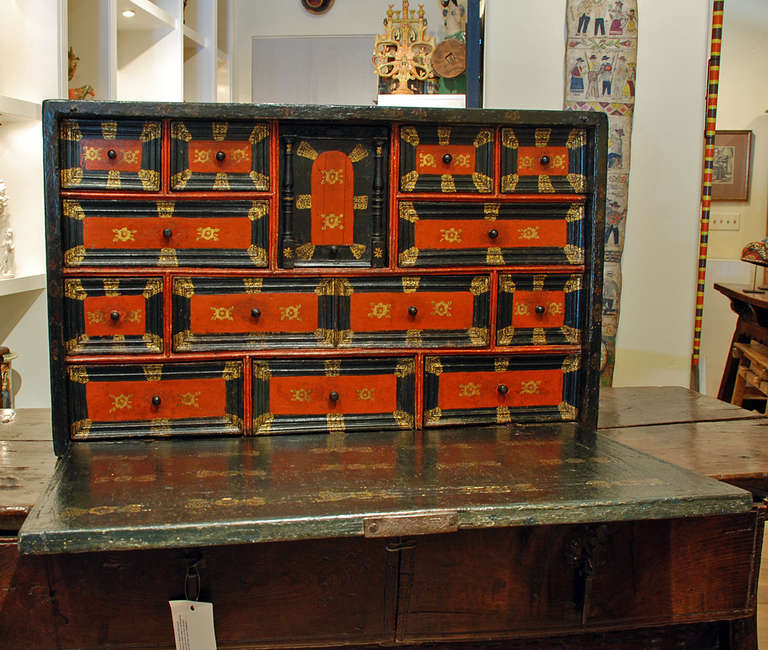Extremely fine and rare 18th century Spanish colonial Chinoiserie style drop front bargueno from Mexico - circa 1750. Original hand lacquered finish in the 'Chinoiserie' style with original iron lock-plate and key. The interior with thirteen hand