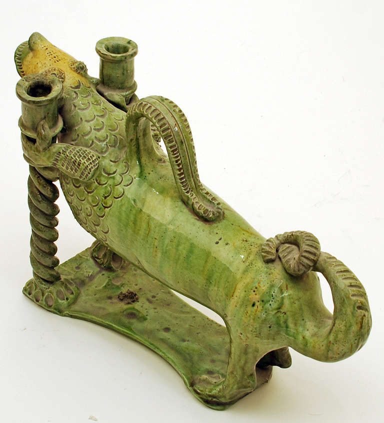 Ceramic Very Rare 19th Century Portuguese Majolica Dragon Candelabra For Sale