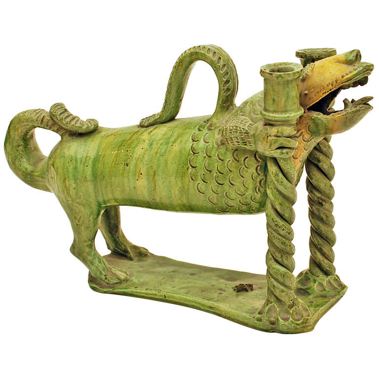 Very Rare 19th Century Portuguese Majolica Dragon Candelabra For Sale