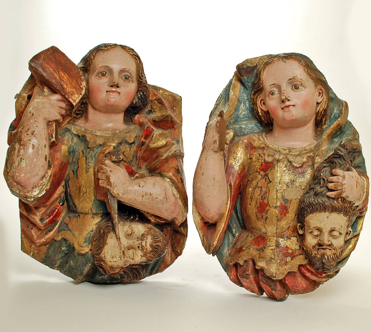 Pair of Very Rare 18th Century Spanish Colonial Carved Plaques, Jael and Judith