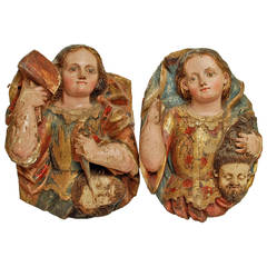 Pair of Very Rare 18th Century Spanish Colonial Carved Plaques, Jael and Judith