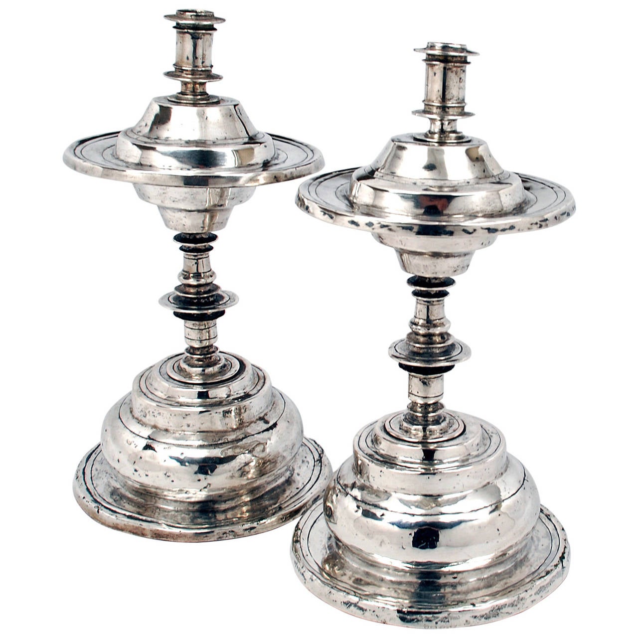 Pair of 17th Century Spanish Colonial Silver Candlesticks For Sale