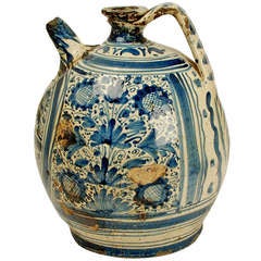 Large Antique Spanish Talavera Blue on White Wine Ewer