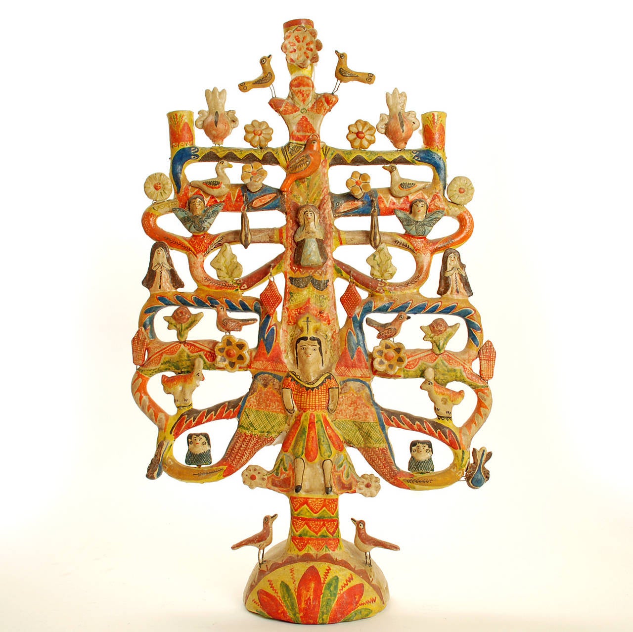 A large and impressive vintage Mexican ceramic Tree of Life candelabrum with the Archangel Gabriel surrounded by small birds, rabbits, winged cherubs and colorful flower blossoms. A Classic 1940s-1950s 'Arbol de la Vida' -- attributed to 'Aurelio