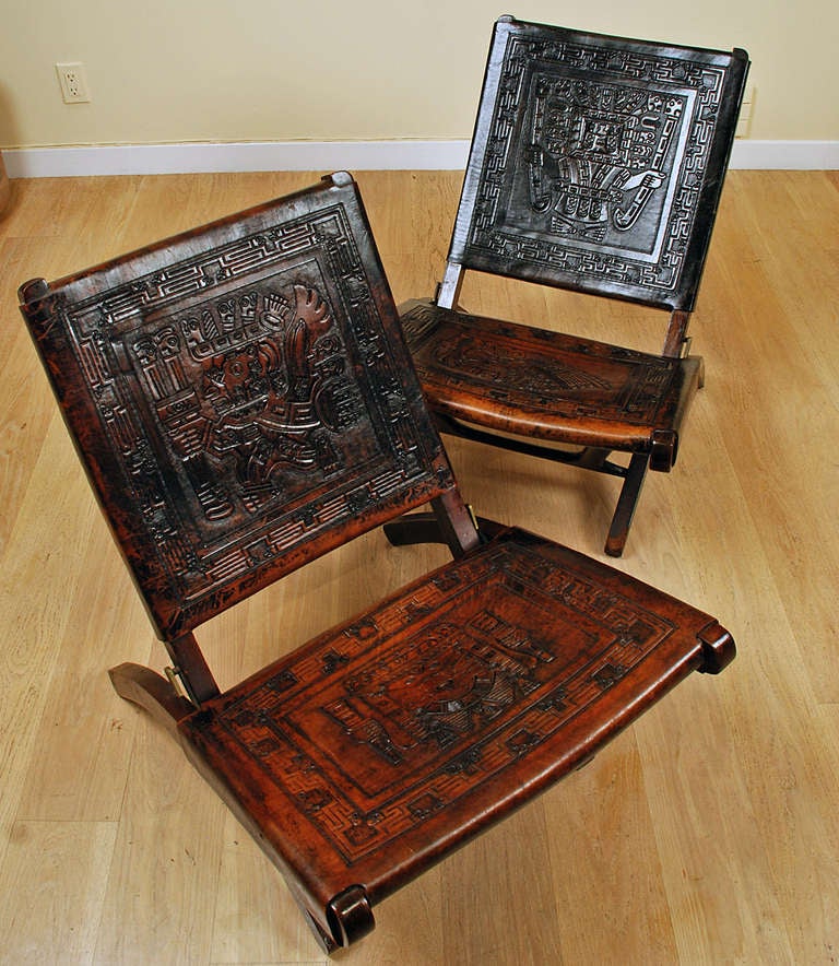 Leather Pair of Good Vintage Mexican Butaque Campeche Chairs - Circa 1940's For Sale