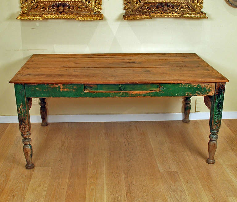 Large Antique Mexican Hacienda Table with Original Paint. In Excellent Condition For Sale In San Francisco, CA