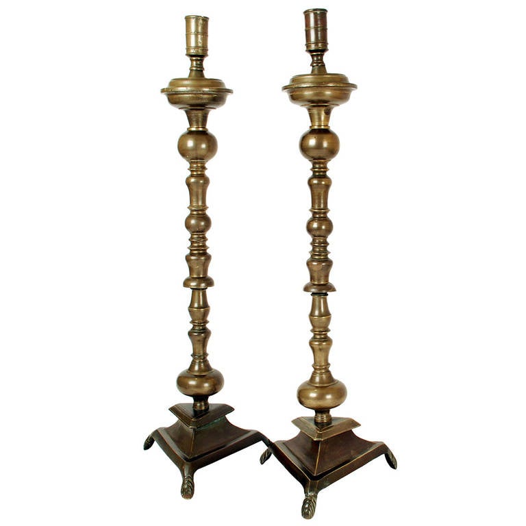Pair of Large and Impressive 18th Century Spanish Colonial Bronze Candlesticks For Sale