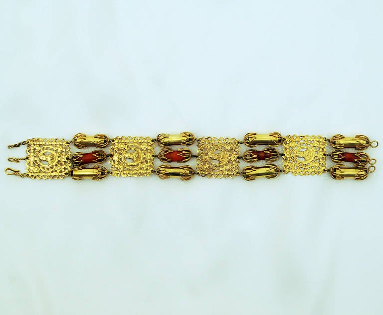 Coral Extremely Rare Antique Brazilian Gold Pulvera Escrava, Slave Bracelet For Sale