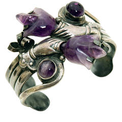 Vintage Mexican Silver and Amethyst Cuff Bracelet, circa 1940s