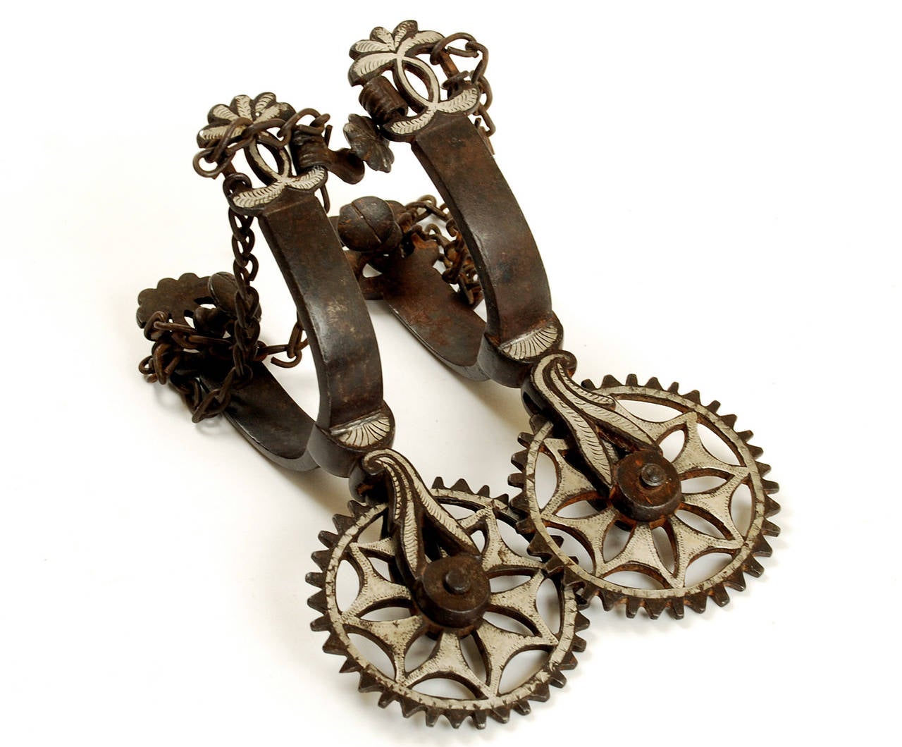 19th Century Outstanding Spanish Colonial Silver Overlaid Spurs with 'Pizza Cutter' Rowels For Sale