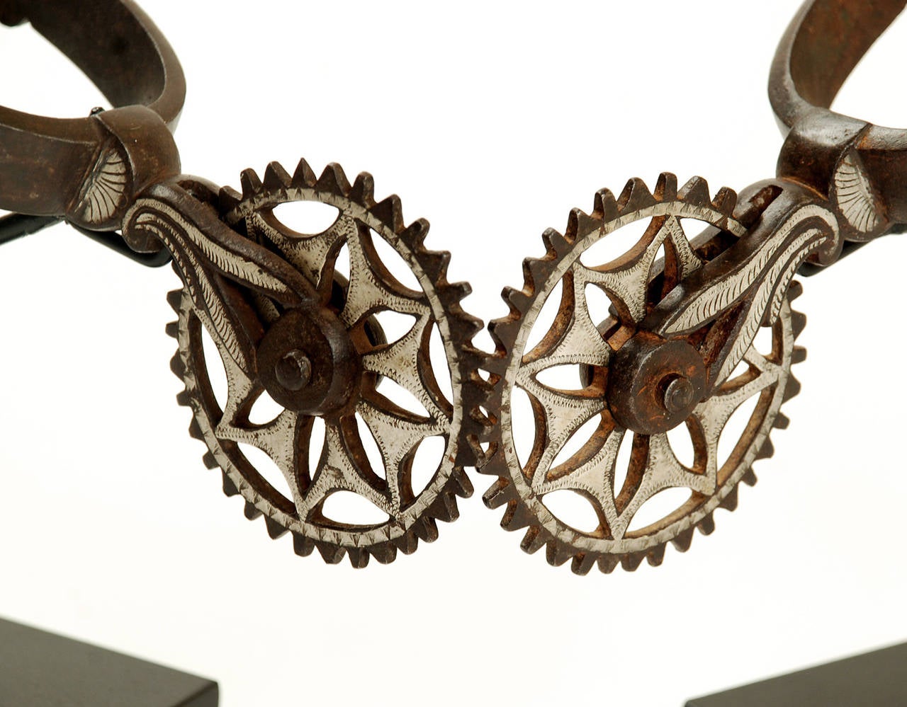 Mexican Outstanding Spanish Colonial Silver Overlaid Spurs with 'Pizza Cutter' Rowels For Sale