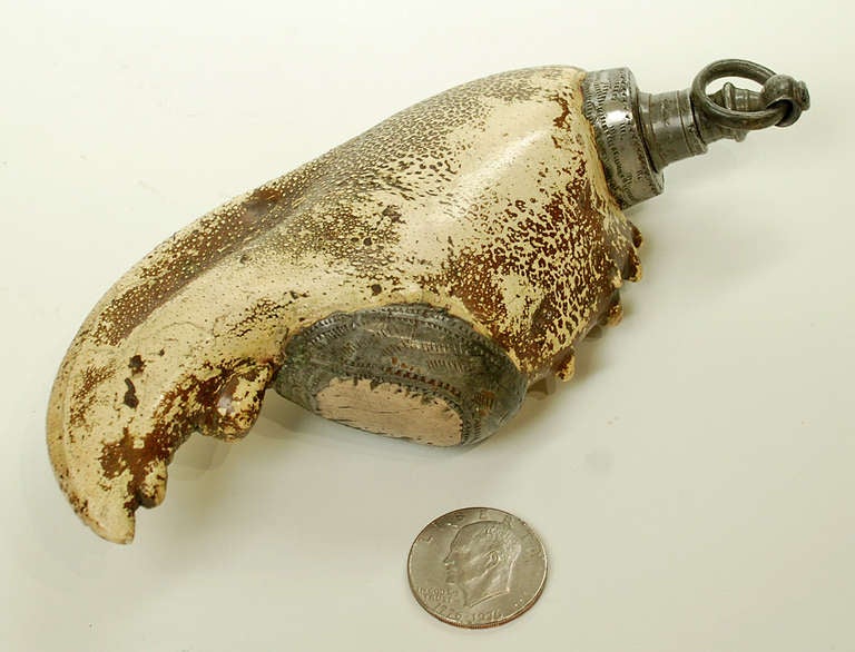 18th Century and Earlier A Very Rare 18th Century Pewter Mounted Lobster Claw Powder Flask