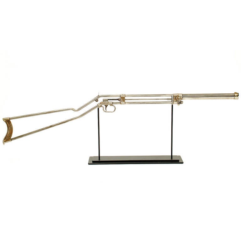 A rare 22 caliber Hamilton model 7 bicycle gun with nickel-plated skeleton frame and coil spring trigger. The model 7 was the first Hamilton rifle manufactured between 1899-1901.

To load the rifle the barrel pivots to the left at the frame
