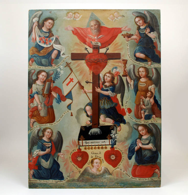 Exceedingly fine and rare Spanish colonial oil on canvas - The Sacred Heart of Jesus and Mary encircled by seven angels, winged cherubs and the Eternal Father above. Original canvas and stretchers. 

Dimensions: 33.5 inches inches vertical x 24.5