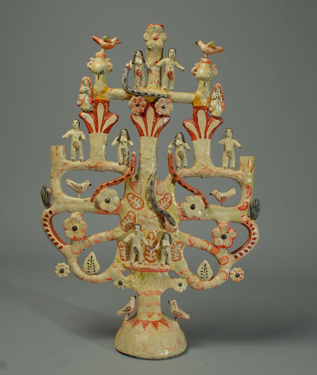 A large and impressive vintage Mexican tree of life candelabra with Adam and Eve in the Garden of Eden, the serpent, birds, angels and flower blossoms throughout. Attributed to one of Mexico's great masters - Aurelio Flores. The small tree is shown