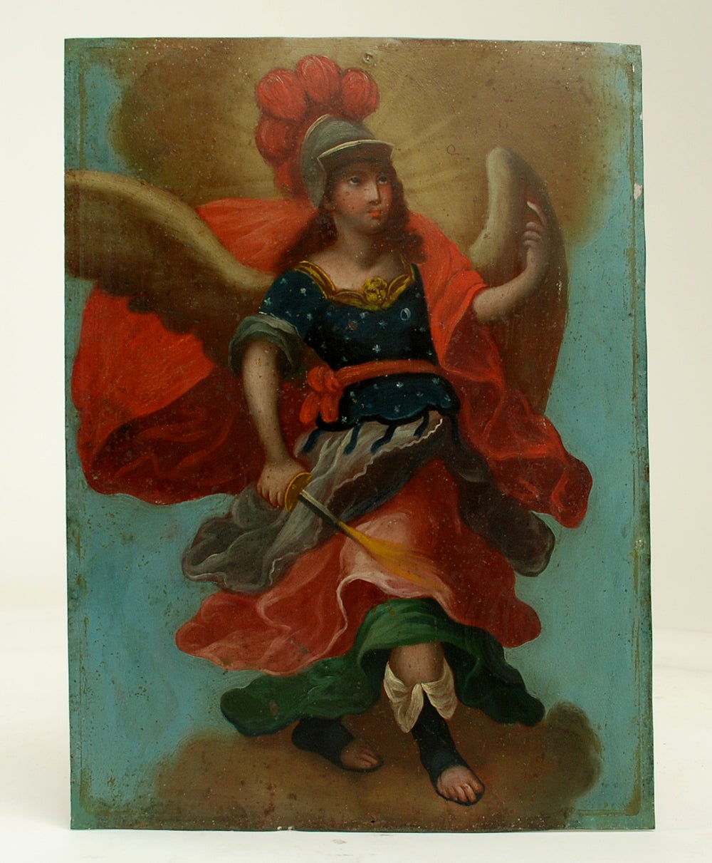 19th Century Retablo Painting on Tin - Saint Michael / San Miguel For Sale
