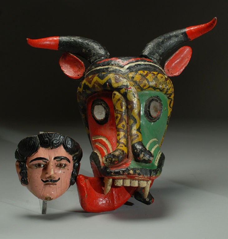 Carved A Large and Impressive Antique Mexican Bull Devil Mask