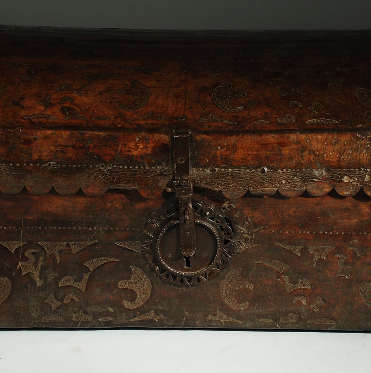 18th Century and Earlier Rare 17th Century Spanish Colonial Hand Tooled Leather Coffer