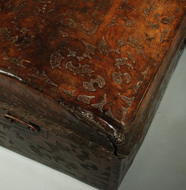 Rare 17th Century Spanish Colonial Hand Tooled Leather Coffer 3