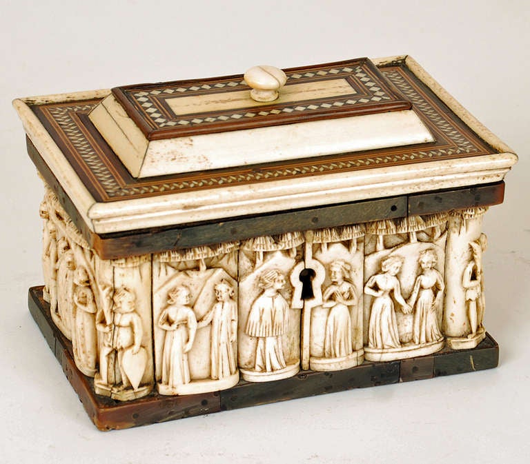 Extremely fine and rare early 15th century Embriachi marriage casket from the Embriacho workshop in Venice, Italy. Beautiful hand carved bone panels depicting various brides and grooms together with horn trim and satin-wood marquetry set into