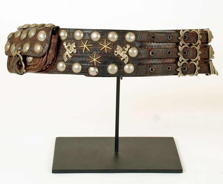 Very Rare Argentine Leather Gaucho Belt with Large Silver Milagros In Good Condition In San Francisco, CA