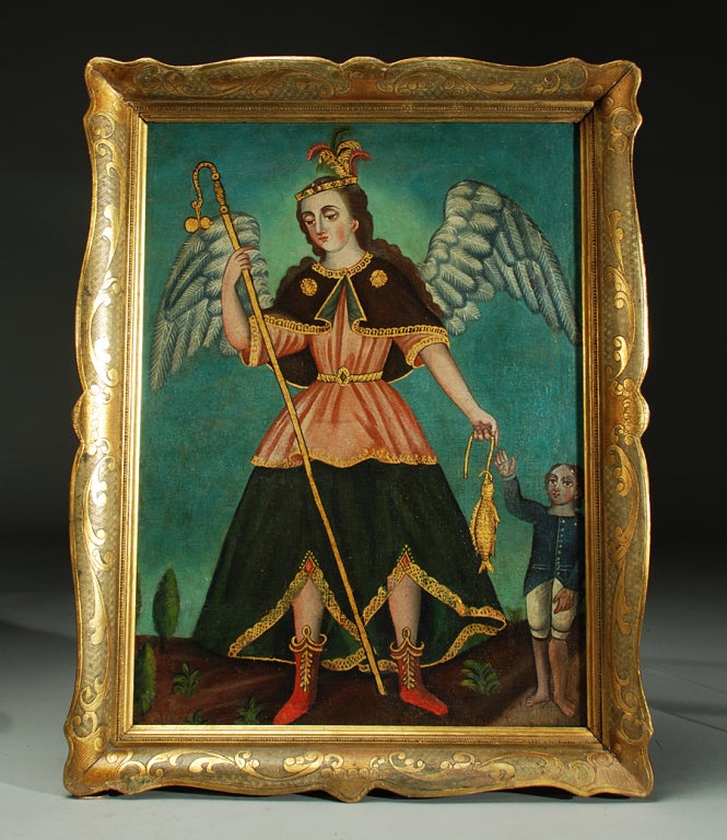 This warm and richly painted early 19th century Mexican oil on canvas represents 