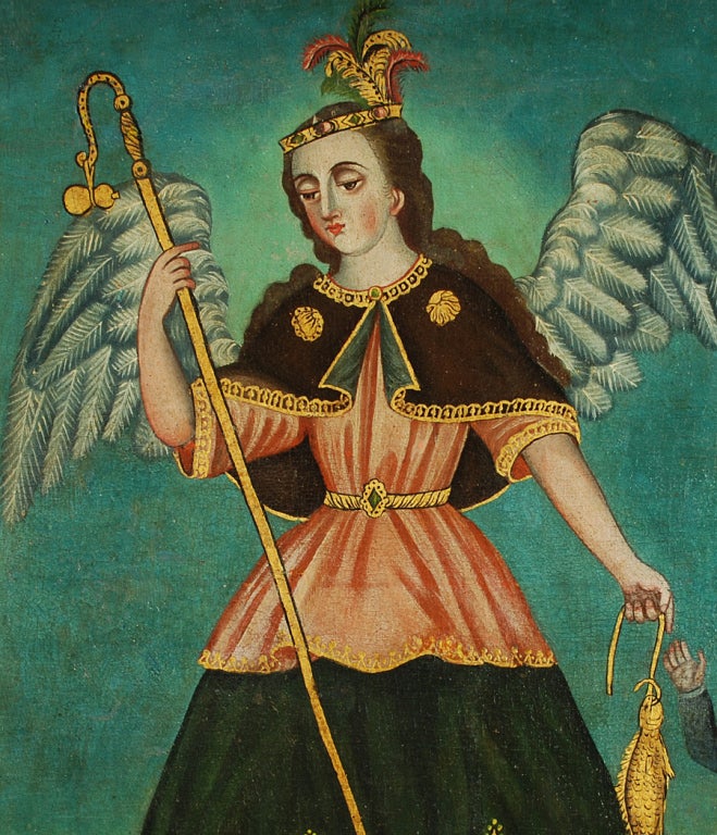 Mexican Spanish Colonial Oil on Canvas - San Rafael Arcangel For Sale
