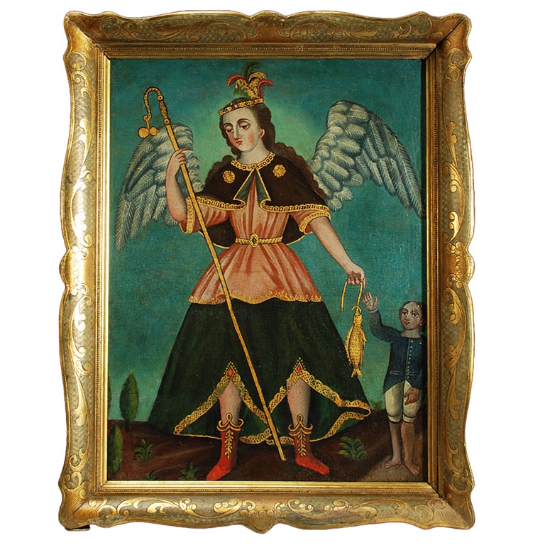 Spanish Colonial Oil on Canvas - San Rafael Arcangel For Sale