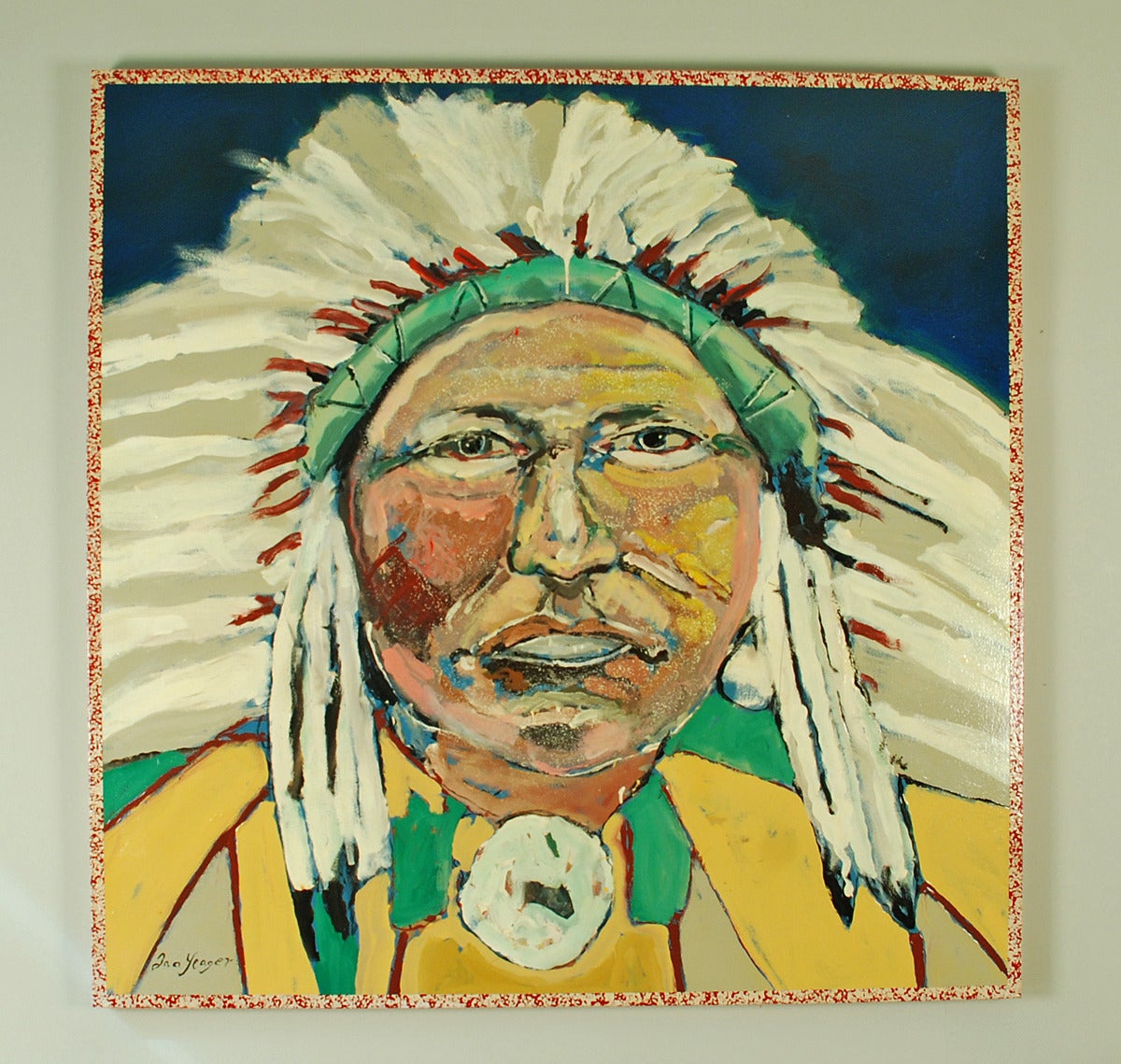 A large and impressive original Ira Yeager oil and acrylic on canvas. Indian chieftain portrait: Chief with headdress. Signed lower left.

Dimensions: 60 inches x 60 inches.