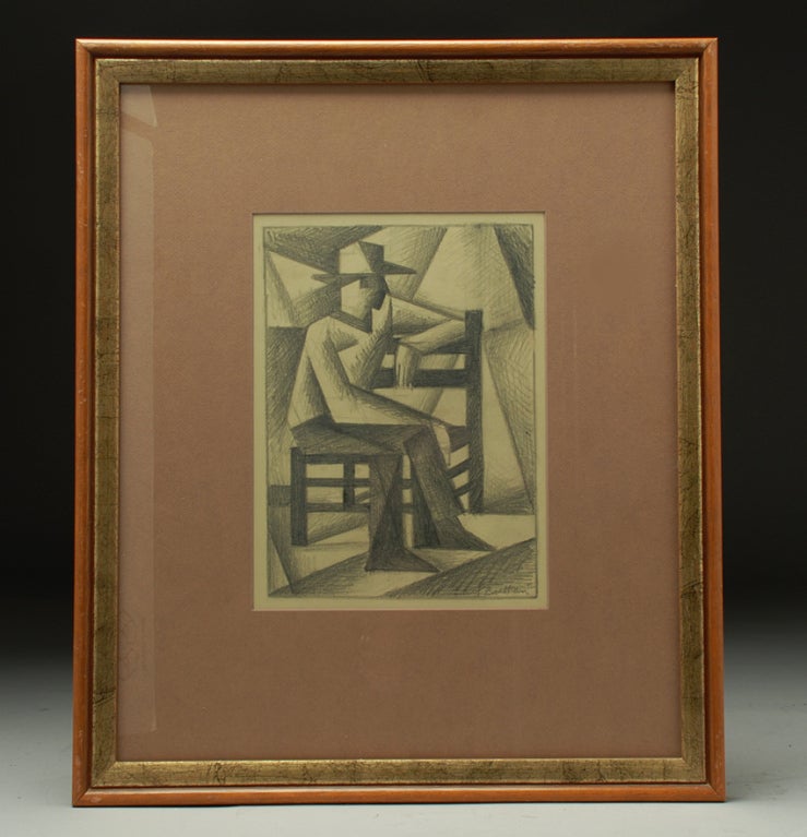 Early 20th century pencil study of a cowboy by well listed Taos school painter Emil James Bisttram (1895 - 1976). Signed and dated 1932 lower right. Verso with old 'Gerald Peters' gallery label - Santa Fe, New Mexico.<br />
<br />
Dimensions: