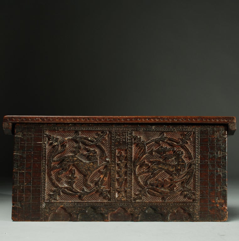 Exceedingly fine and rare 17th century Spanish coffret in the 'Mudejar' style with stippling, deeply carved foliate motifs, playful rabbits and geometric motifs. Finely carved dovetail joinery with original pin hinges. See last two scans for similar