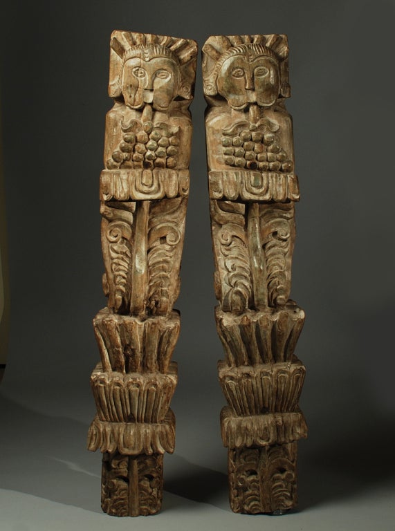 Pair 18th Century Spanish Colonial Carved Cedar Wood Columns