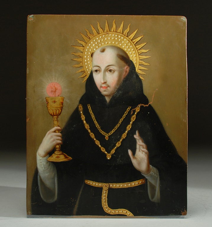 A fine and rare 18th century oil on heavy gauge copper with illustrious gold paint - 'Santo Tomas de Aquino,' philosopher, theologian and Dominican priest of the Catholic Church.<br />
Exhibited:<br />
<br />
Brownsville Historical Museum.<br