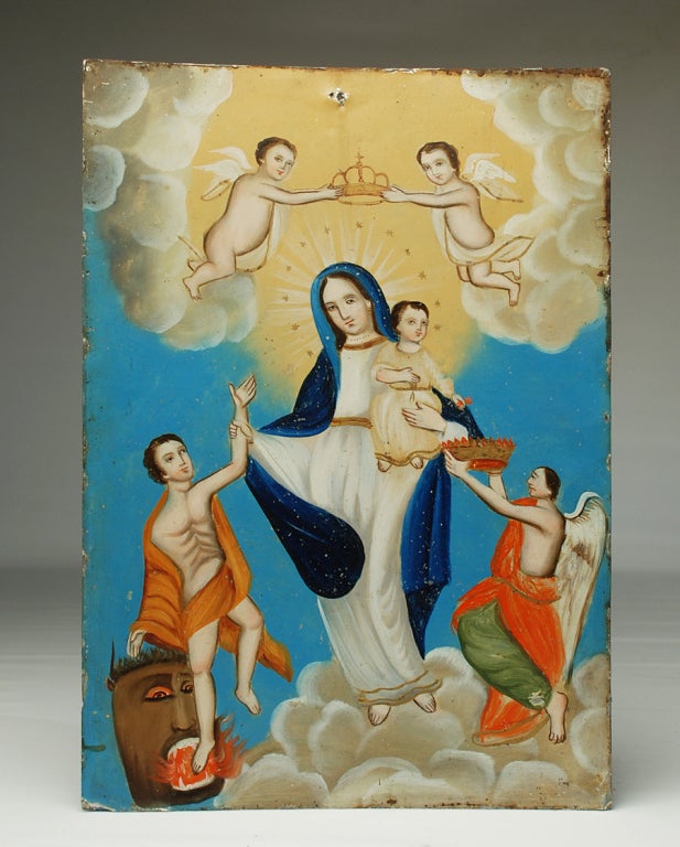 This classic 19th century folk retablo, attributed to Agustin Barajas, the so called skimpy painter, represents 