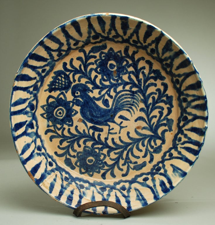 Large 19th Century Spanish Granadino Fuente Charger - Rooster