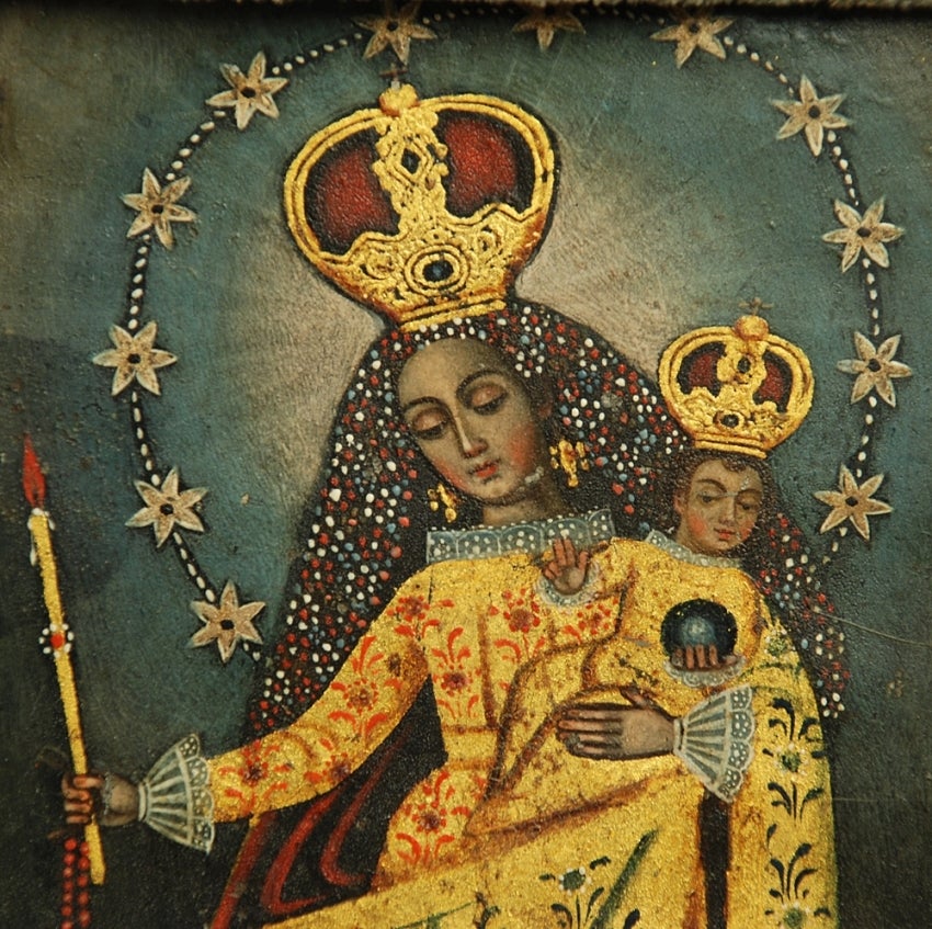 A Superb Spanish Colonial Retablo Painting - Our Lady of Socabon 1