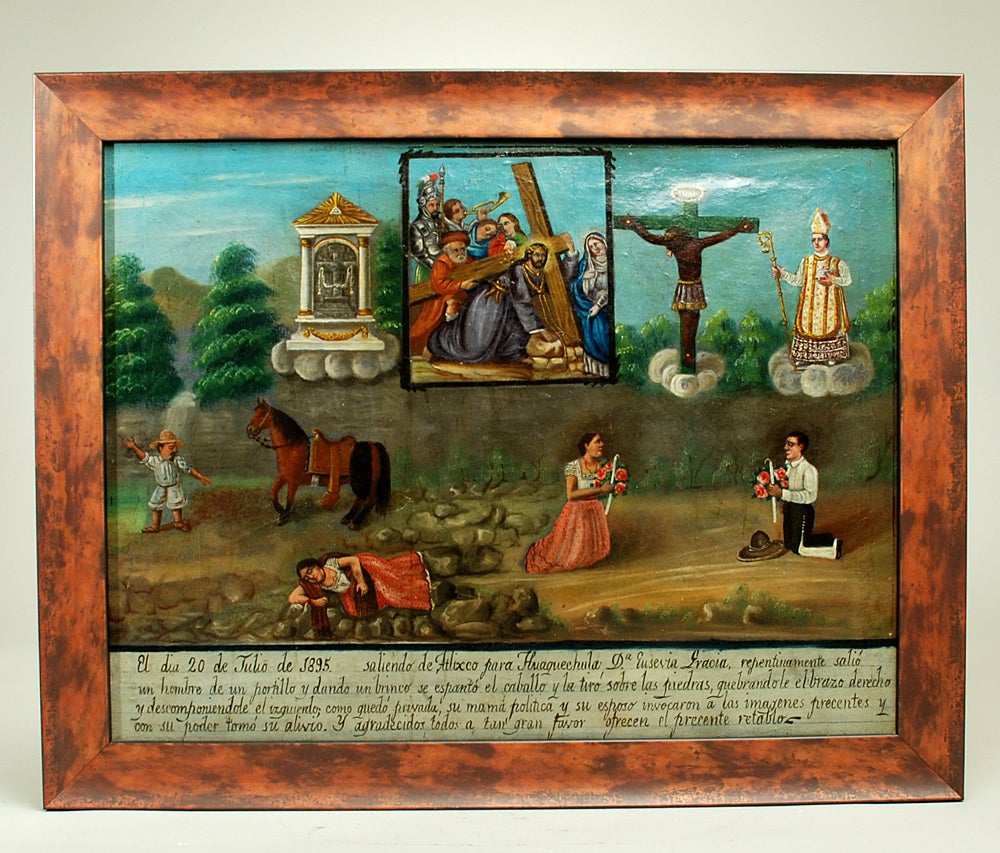 A very rare late 19th century Mexican ex-voto on canvas - dedicated to 'Las Imagenes' (the various Saints and Cristos) represented in the upper right quadrant. According to the narrative, the petitioner fell off her horse into some rocks and broke