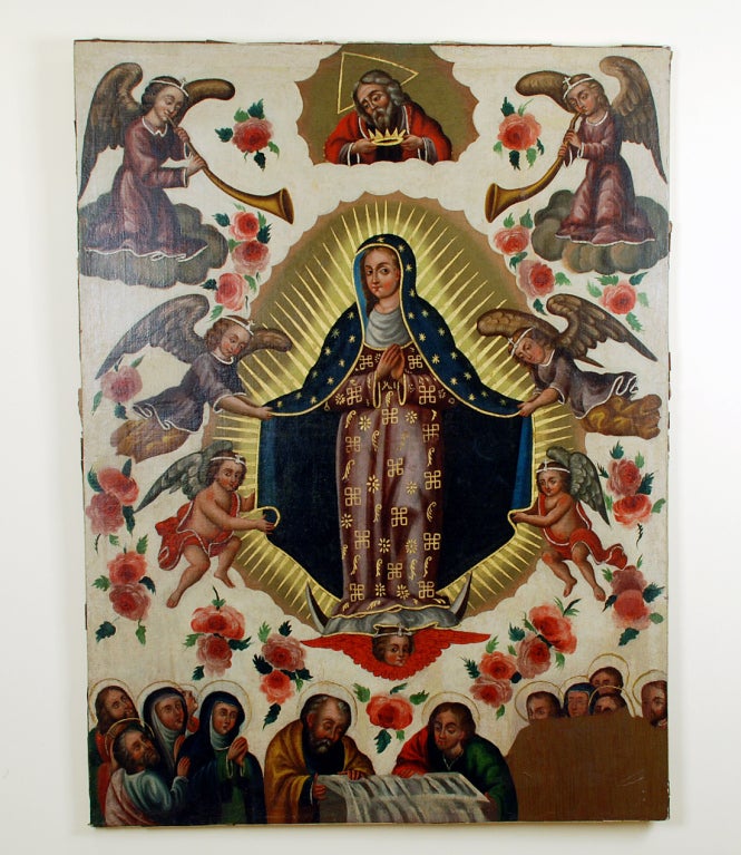 A gorgeous late 18th / early 19th century Spanish colonial oil on canvas - The Coronation of Our Lady of Guadalupe, flanked by cherubim and surrounded by her manderole of golden rays. Overall with brilliant color against a milk white background.