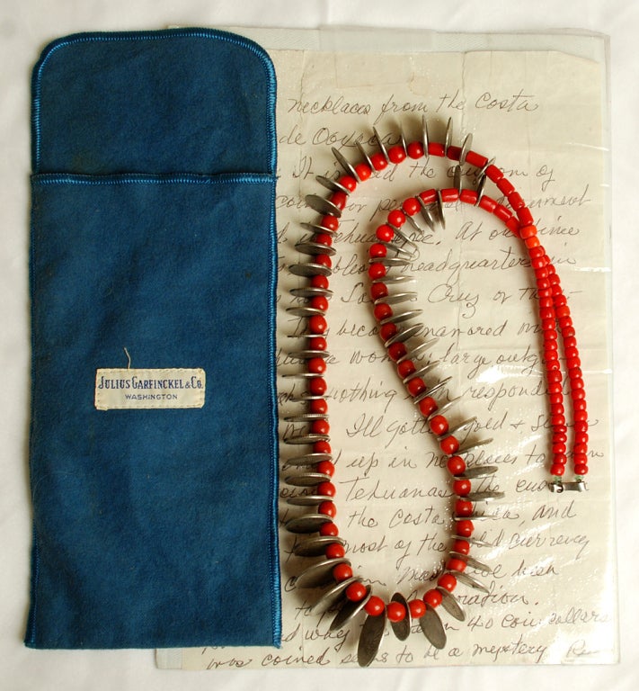 A rare late 19th / early 20th century Mexican forty coin necklace together with old collection note and muslin bag - from the personal collection of jewelry designer, Fred Davis. Mostly 19th century silver coins. 

Dimensions: hangs 16