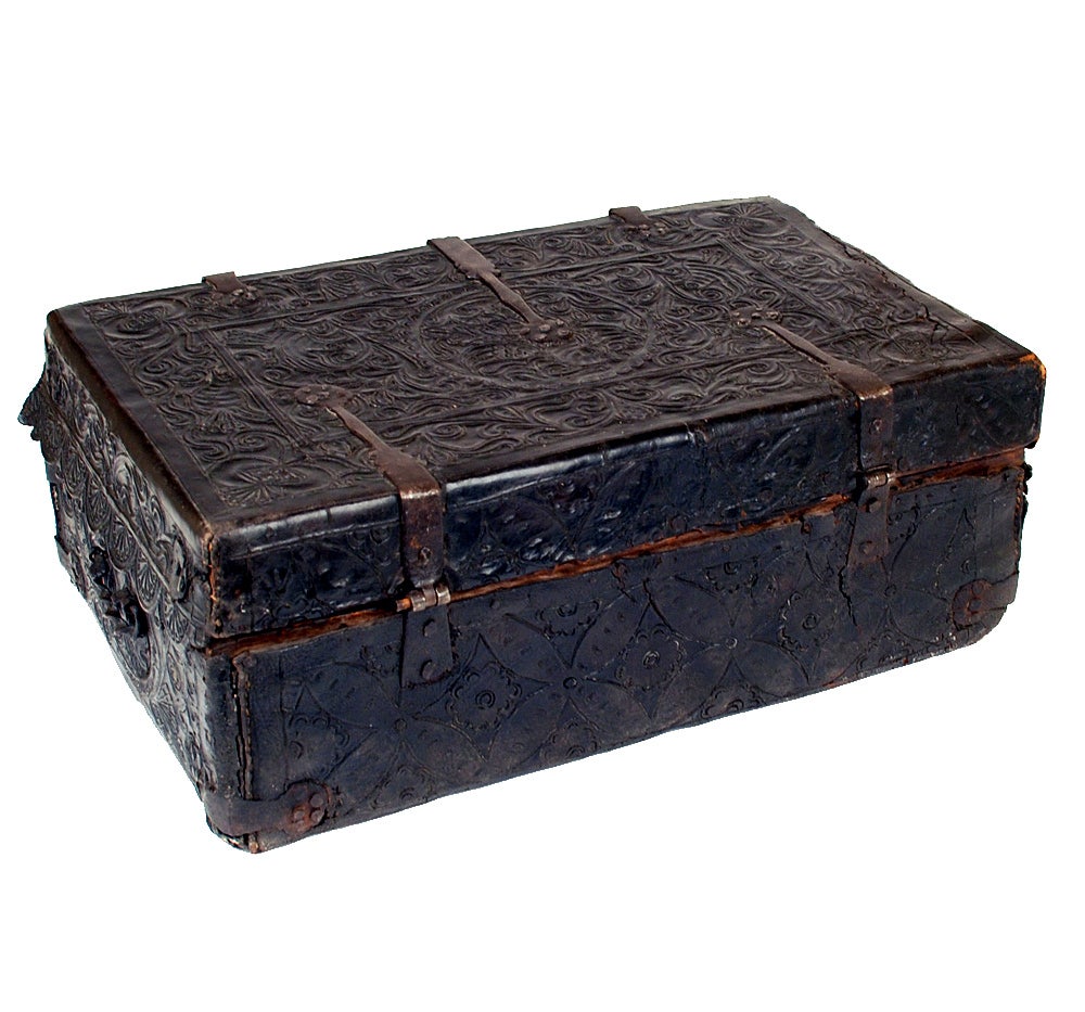 18th Century and Earlier Rare 18th Century Spanish Colonial Embossed Leather Petaca Box