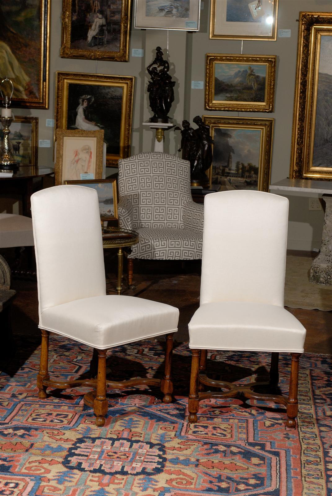 French Set of Eight Louis Philippe Style Walnut Upholstered Dining Chairs
