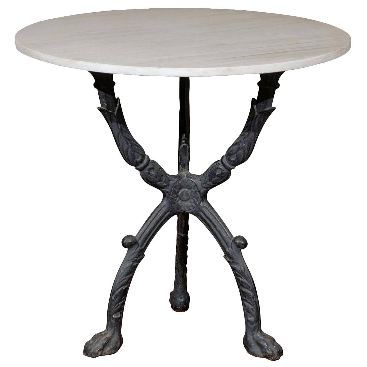 French 19th Century Wrought Iron Base Bistro Table With Round White French 19th Century Wrought Iron Base Bistro Table With Round White Marble Top For